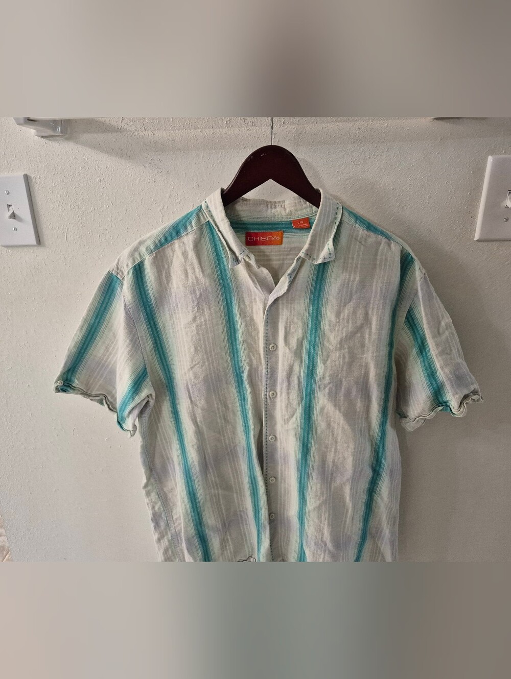 Men's White & Teal Striped Short Sleeve Button-Down
